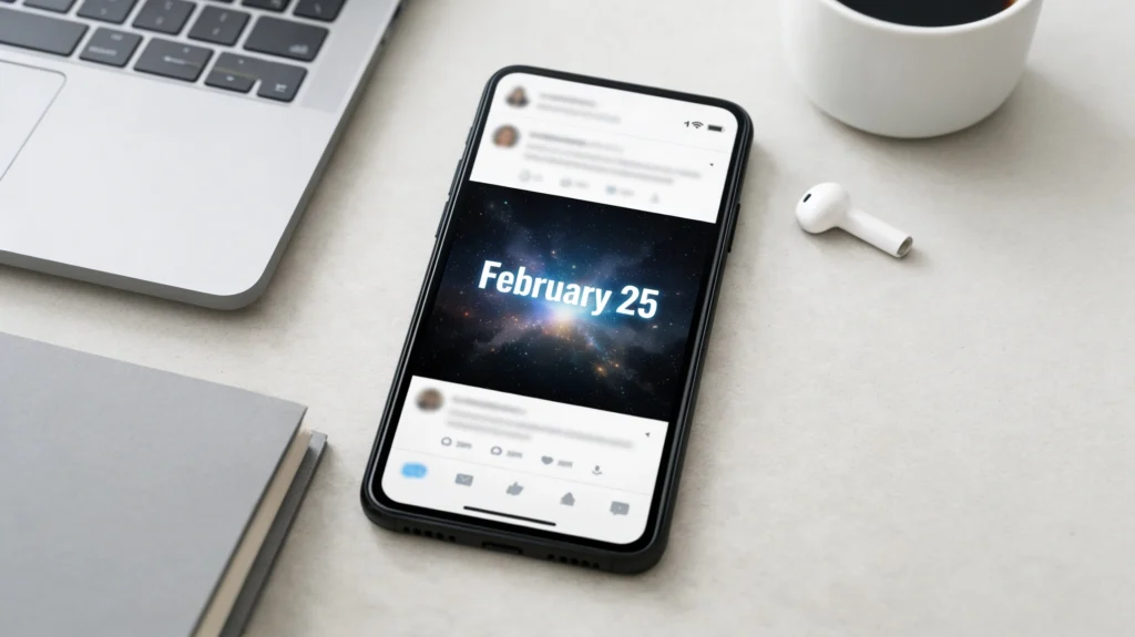 Smartphone displaying a blurred social media post with a February 25 Galaxy Unpacked event graphic.