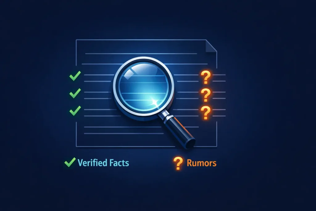 Infographic showing a magnifying glass over a list of facts with checkmarks and rumors with question marks.