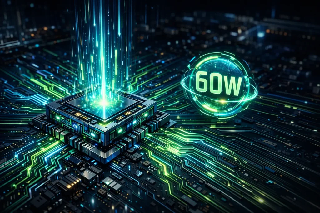 3D concept art of a glowing microchip and 60W fast charging energy symbol.