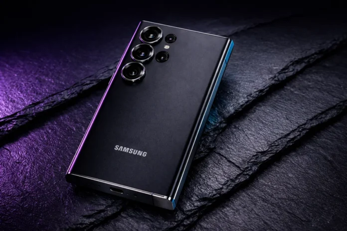 Leaked concept render of the Samsung Galaxy S26 Ultra in titanium finish with sharp corners.