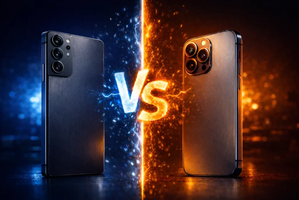 Split screen comparison between a sharp-cornered Galaxy smartphone and a rounded iPhone competitor.