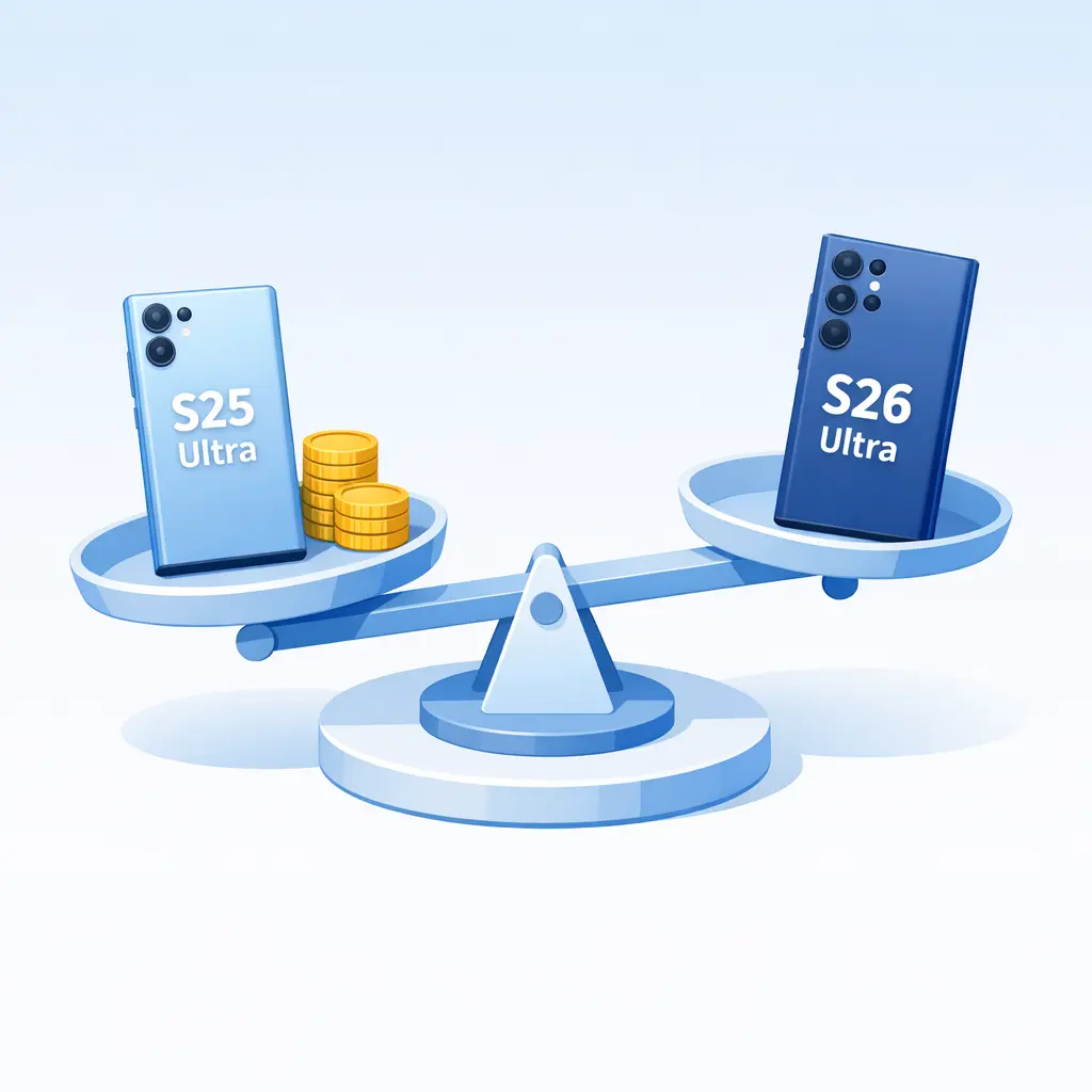 A balance scale illustration showing the S25 Ultra offering better value than the S26 Ultra.