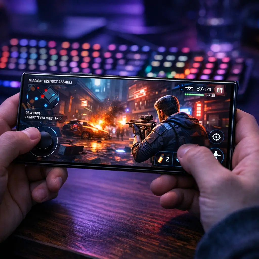 Someone playing a high-performance game on the Galaxy S25 Ultra in a gaming setup.
