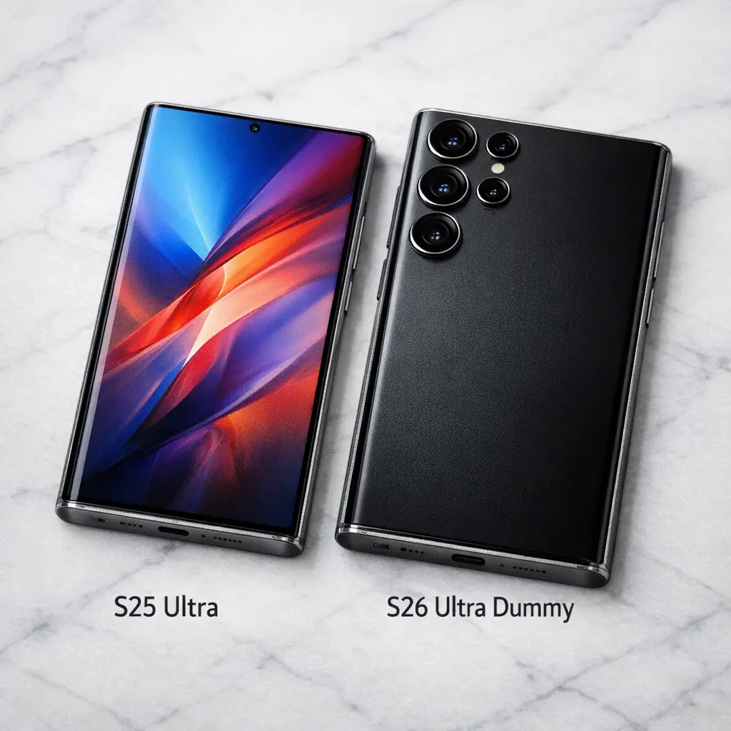 Side-by-side design comparison of Galaxy S25 Ultra and Galaxy S26 Ultra showing identical rounded corners.