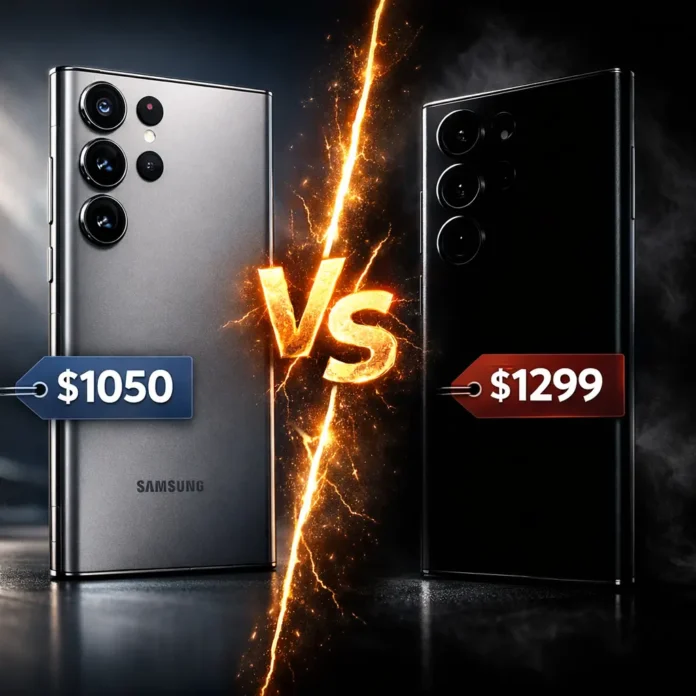 Split screen comparison showing Galaxy S25 Ultra on the left versus a silhouetted Galaxy S26 Ultra on the right.